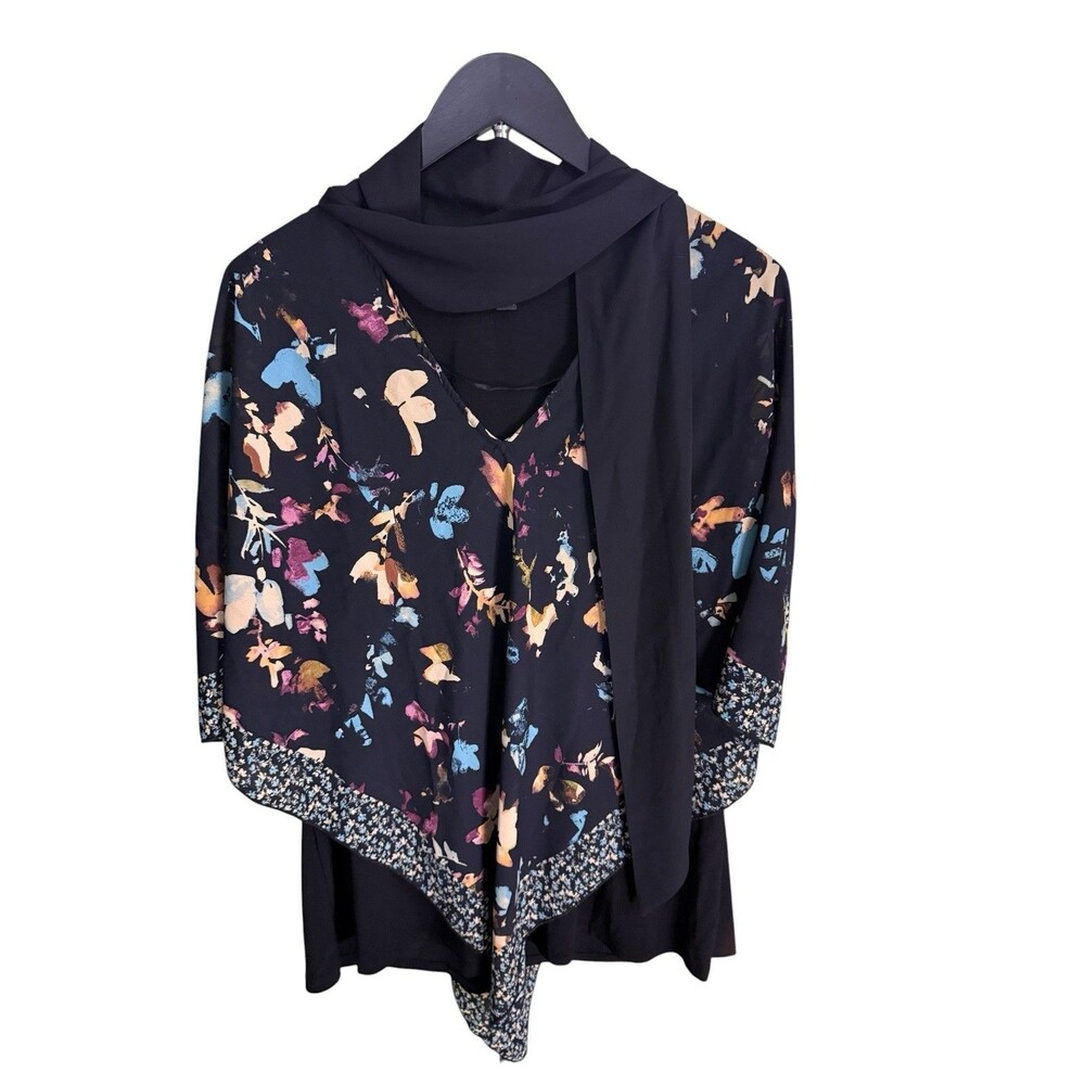Slim Factor Investments L Floral Layered Poncho Blouse Asymmetrical Hem Top